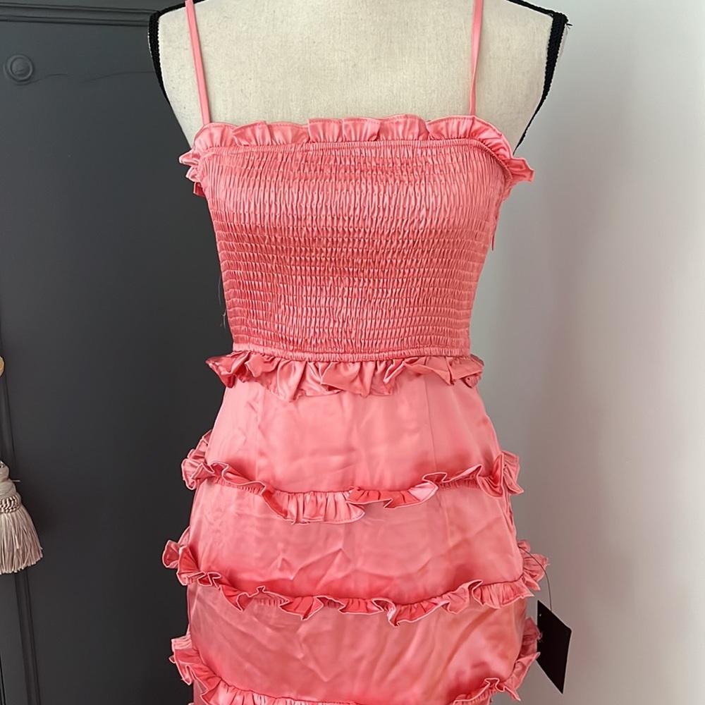 NWT Lulus Sincerely Fabulous Peach Pink Satin Smocked Ruffled Maxi Dress - Picture 6 of 7